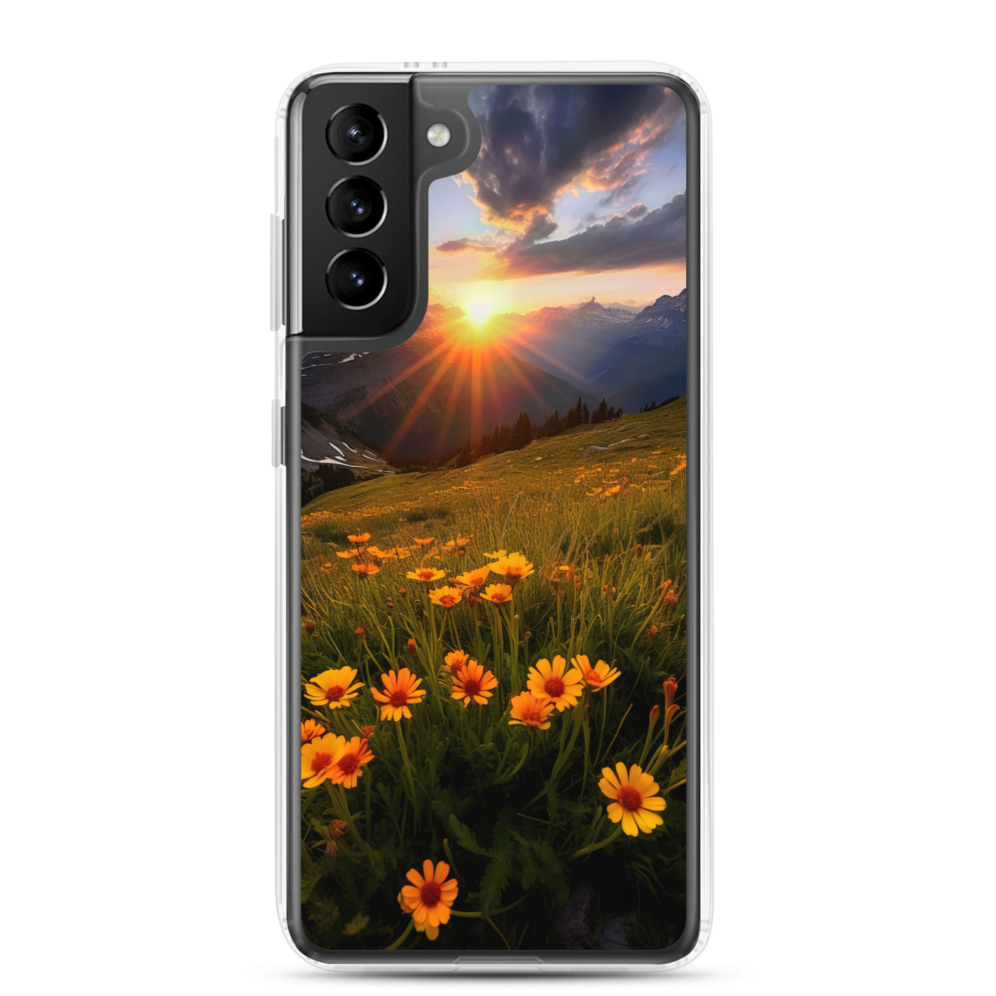 Gebirge, Sonnenblumen und Sonnenaufgang - Samsung Schutzhülle (durchsichtig) berge xxx Samsung Galaxy S21 Plus
