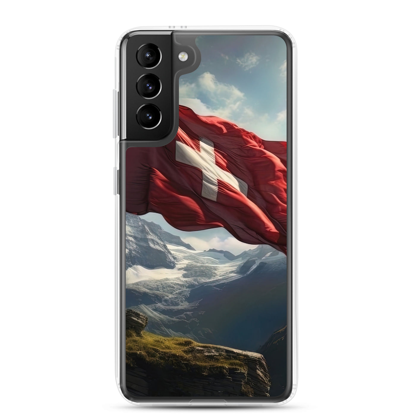 Schweizer Flagge und Berge im Hintergrund - Fotorealistische Malerei - Samsung Schutzhülle (durchsichtig) berge xxx Samsung Galaxy S21 Plus