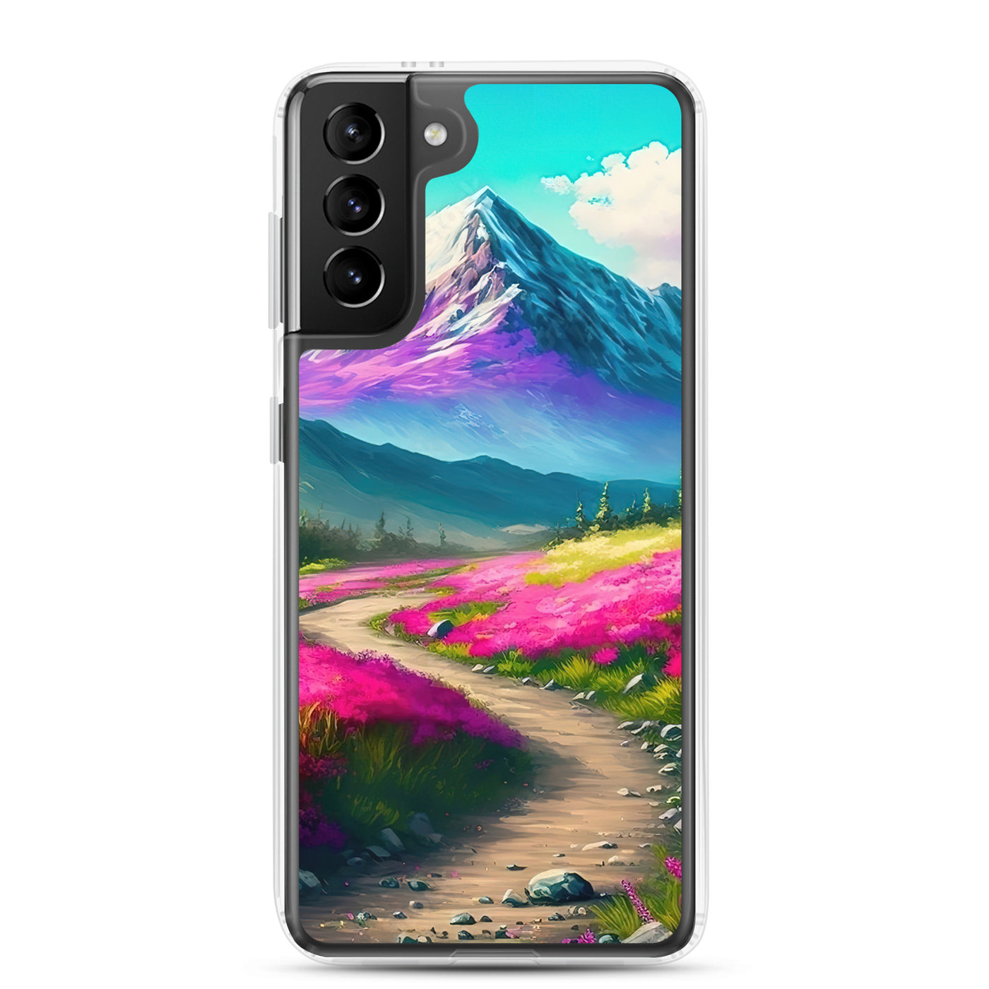 Berg, pinke Blumen und Wanderweg - Landschaftsmalerei - Samsung Schutzhülle (durchsichtig) berge xxx Samsung Galaxy S21 Plus