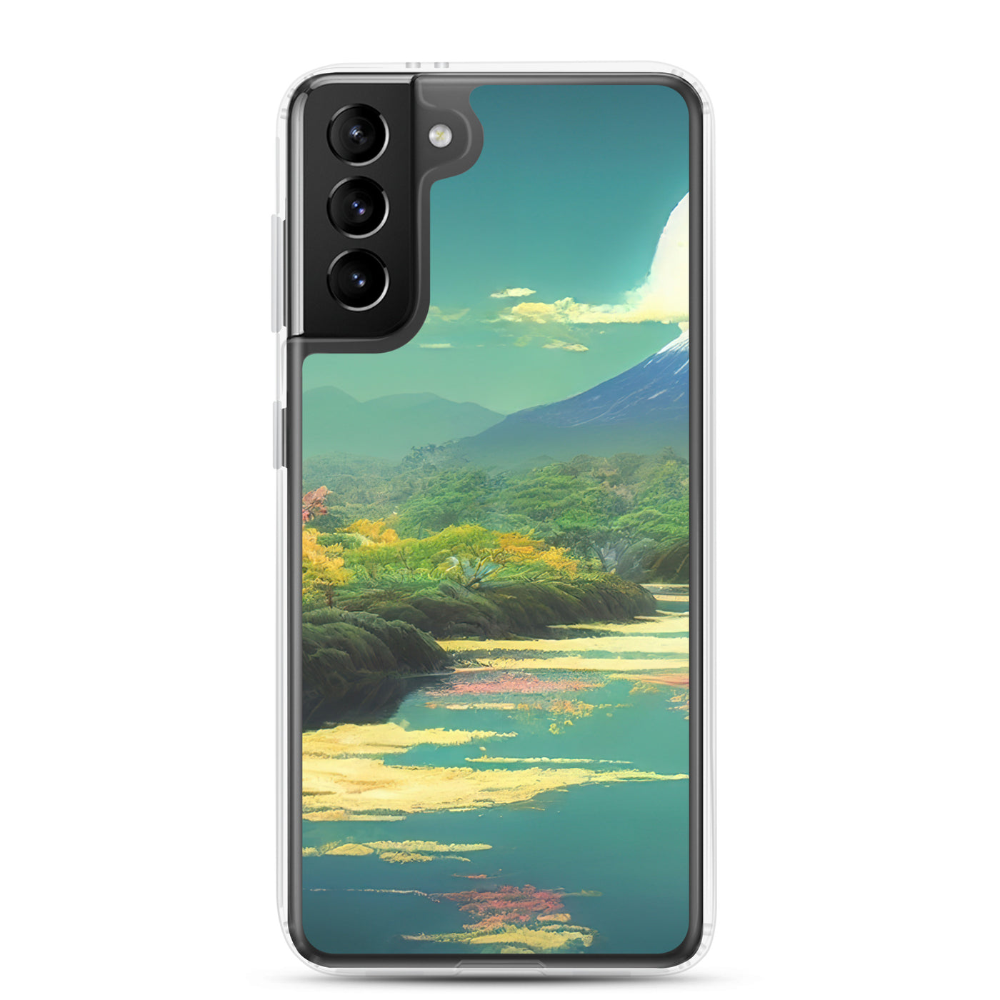 Berg, See und Wald mit pinken Bäumen - Landschaftsmalerei - Samsung Schutzhülle (durchsichtig) berge xxx Samsung Galaxy S21 Plus