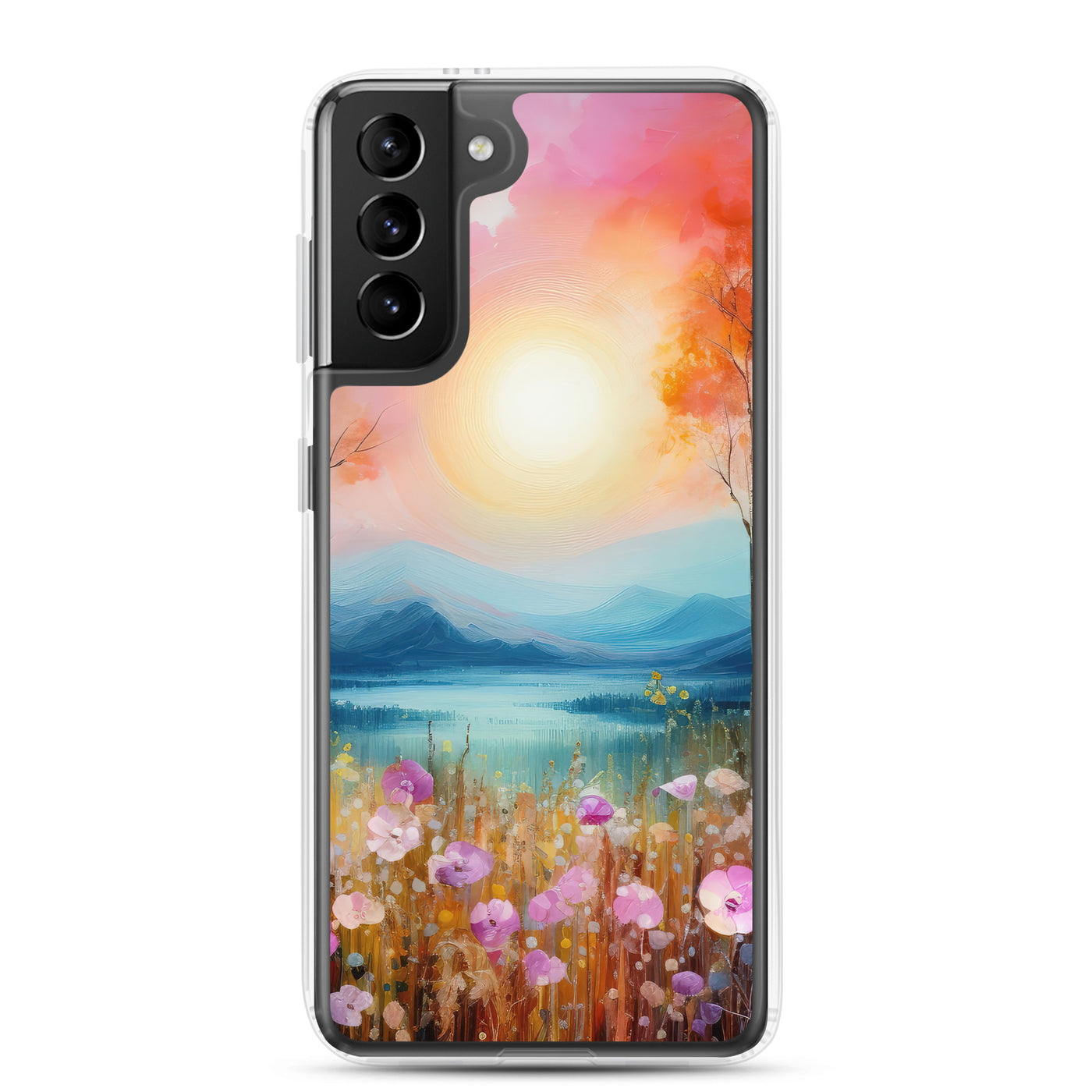 Berge, See, pinke Bäume und Blumen - Malerei - Samsung Schutzhülle (durchsichtig) berge xxx Samsung Galaxy S21 Plus