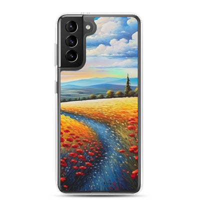Feld mit roten Blumen und Berglandschaft - Landschaftsmalerei - Samsung Schutzhülle (durchsichtig) berge xxx Samsung Galaxy S21 Plus