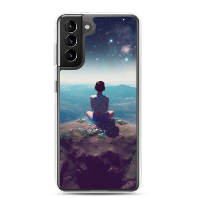 Frau sitzt auf Berg – Cosmos und Sterne im Hintergrund - Landschaftsmalerei - Samsung Schutzhülle (durchsichtig) berge xxx Samsung Galaxy S21 Plus