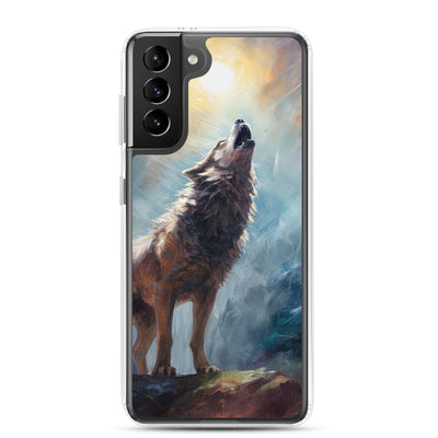 Heulender Wolf auf Berggipfel und Mond im Hintergrund – Abstrakte Malerei - Samsung Schutzhülle (durchsichtig) camping xxx Samsung Galaxy S21 Plus