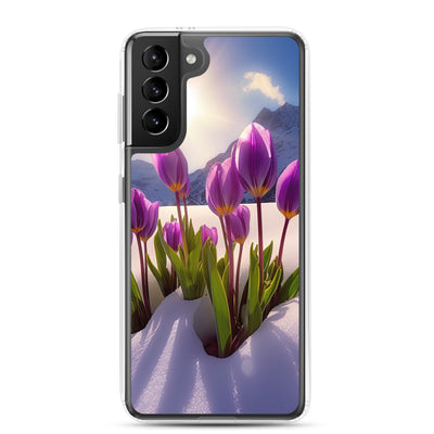 Tulpen im Schnee und in den Bergen - Blumen im Winter - Samsung Schutzhülle (durchsichtig) berge xxx Samsung Galaxy S21 Plus