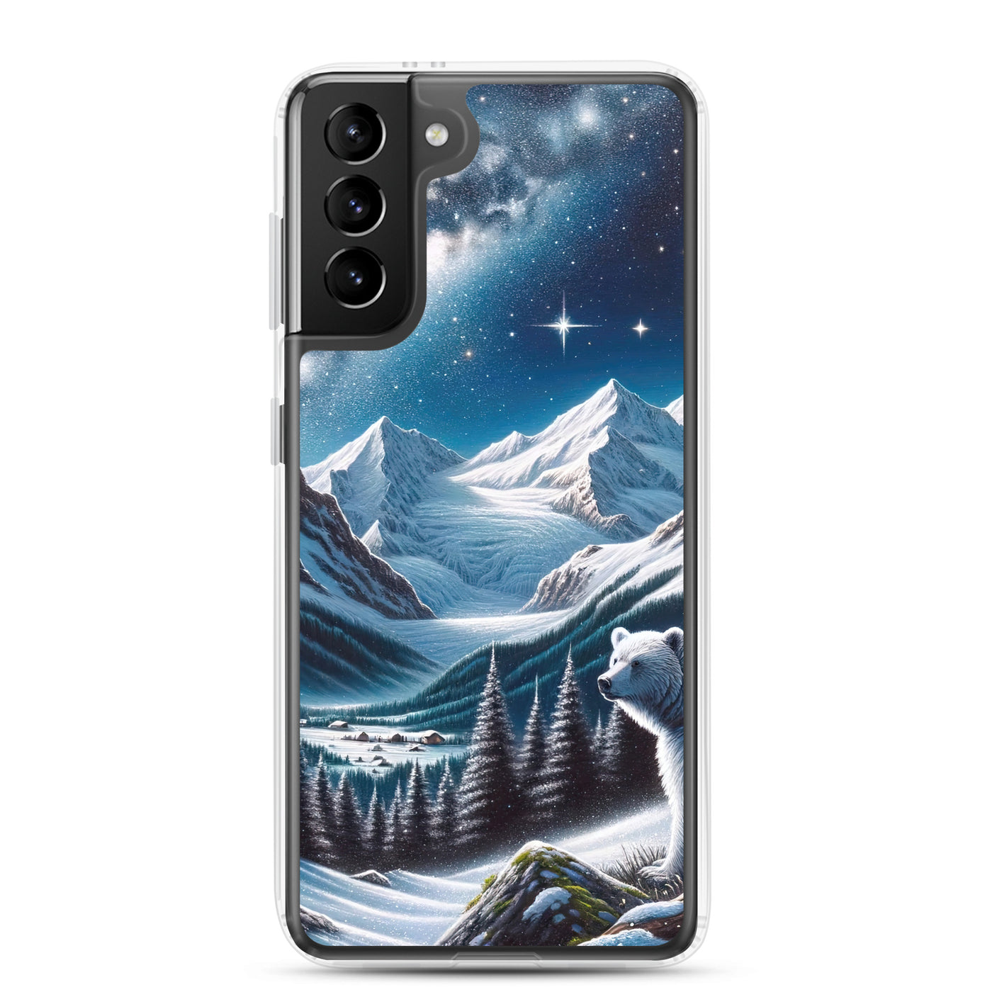 Sternennacht und Eisbär: Acrylgemälde mit Milchstraße, Alpen und schneebedeckte Gipfel - Samsung Schutzhülle (durchsichtig) camping xxx yyy zzz Samsung Galaxy S21 Plus