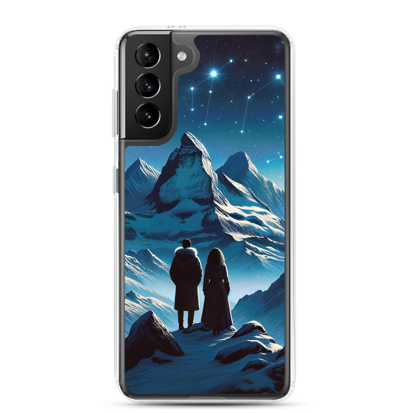 Alpenwinternacht: Digitale Kunst mit Wanderern in Bergen und Sternenhimmel - Samsung Schutzhülle (durchsichtig) wandern xxx yyy zzz Samsung Galaxy S21 Plus