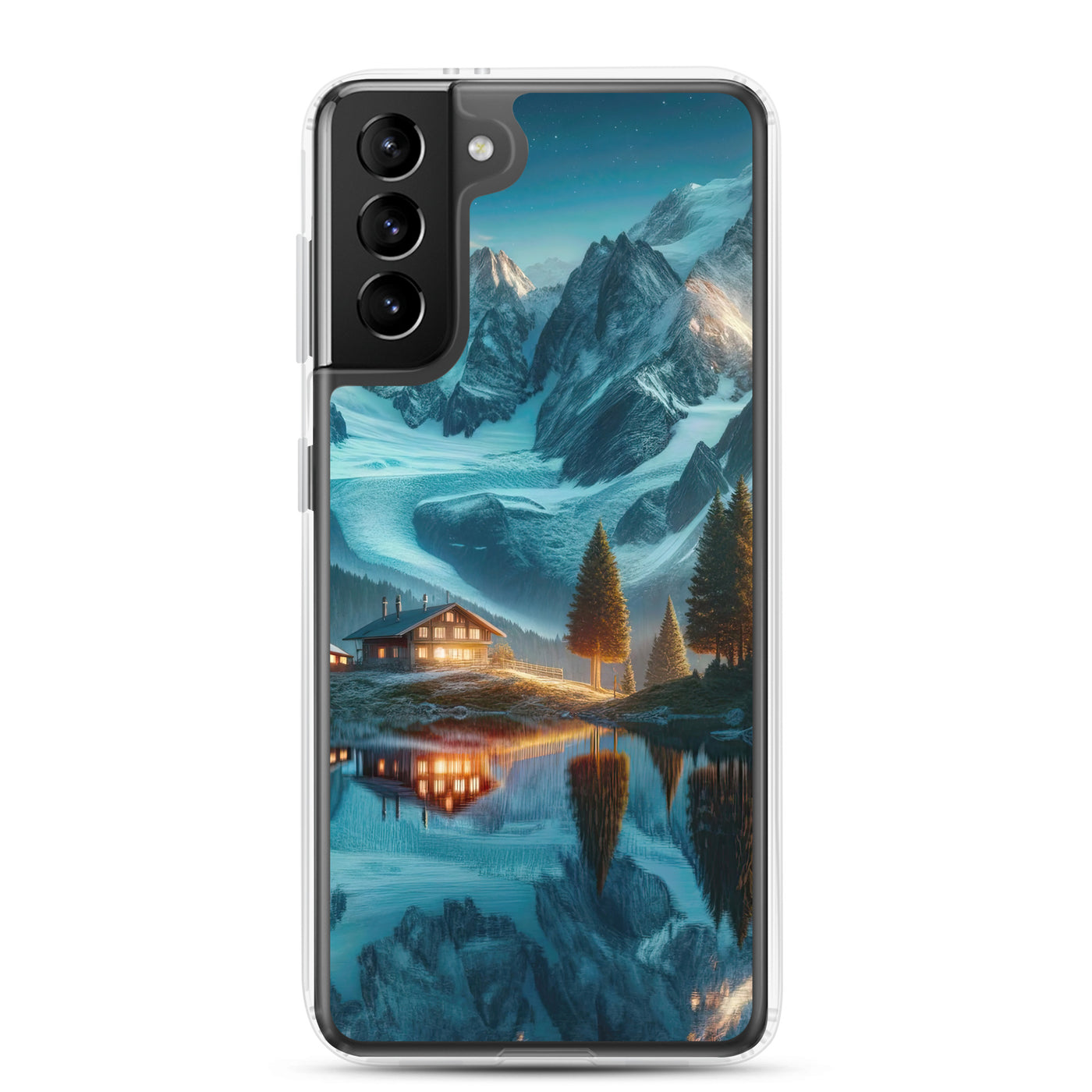 Stille Alpenmajestätik: Digitale Kunst mit Schnee und Bergsee-Spiegelung - Samsung Schutzhülle (durchsichtig) berge xxx yyy zzz Samsung Galaxy S21 Plus