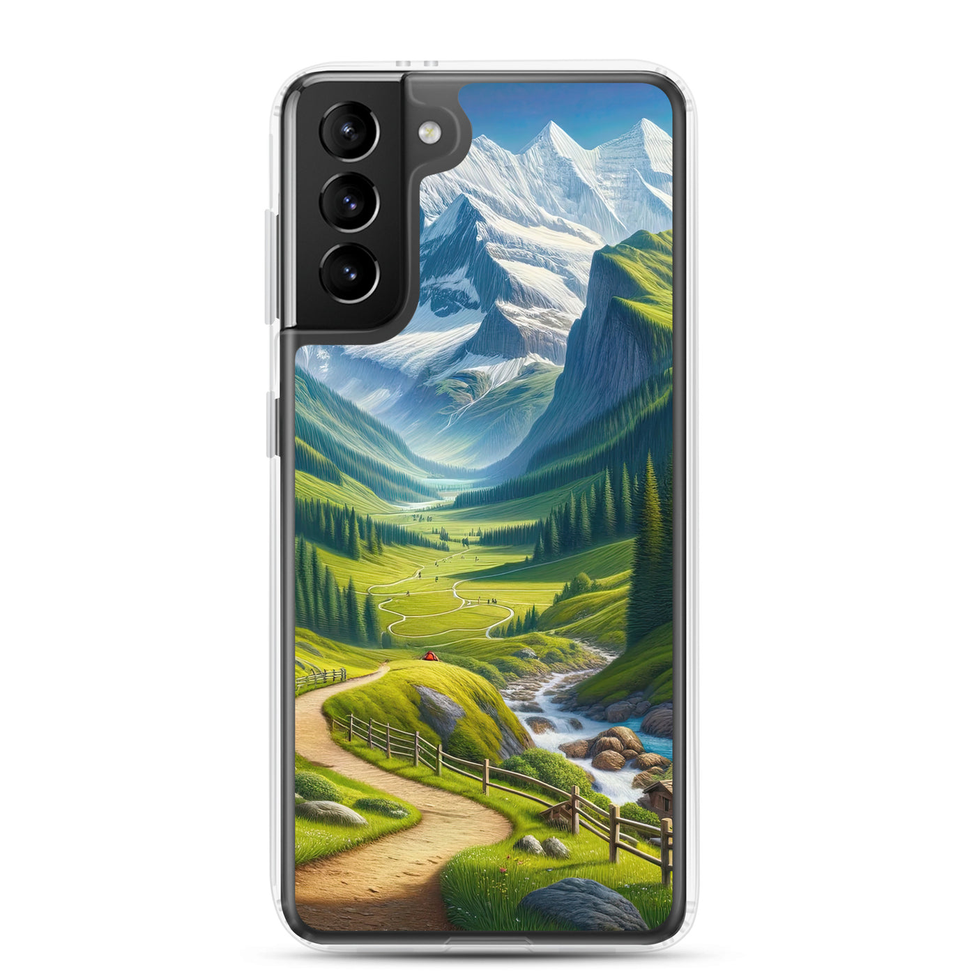 Wanderer in den Bergen und Wald: Digitale Malerei mit grünen kurvenreichen Pfaden - Samsung Schutzhülle (durchsichtig) wandern xxx yyy zzz Samsung Galaxy S21 Plus