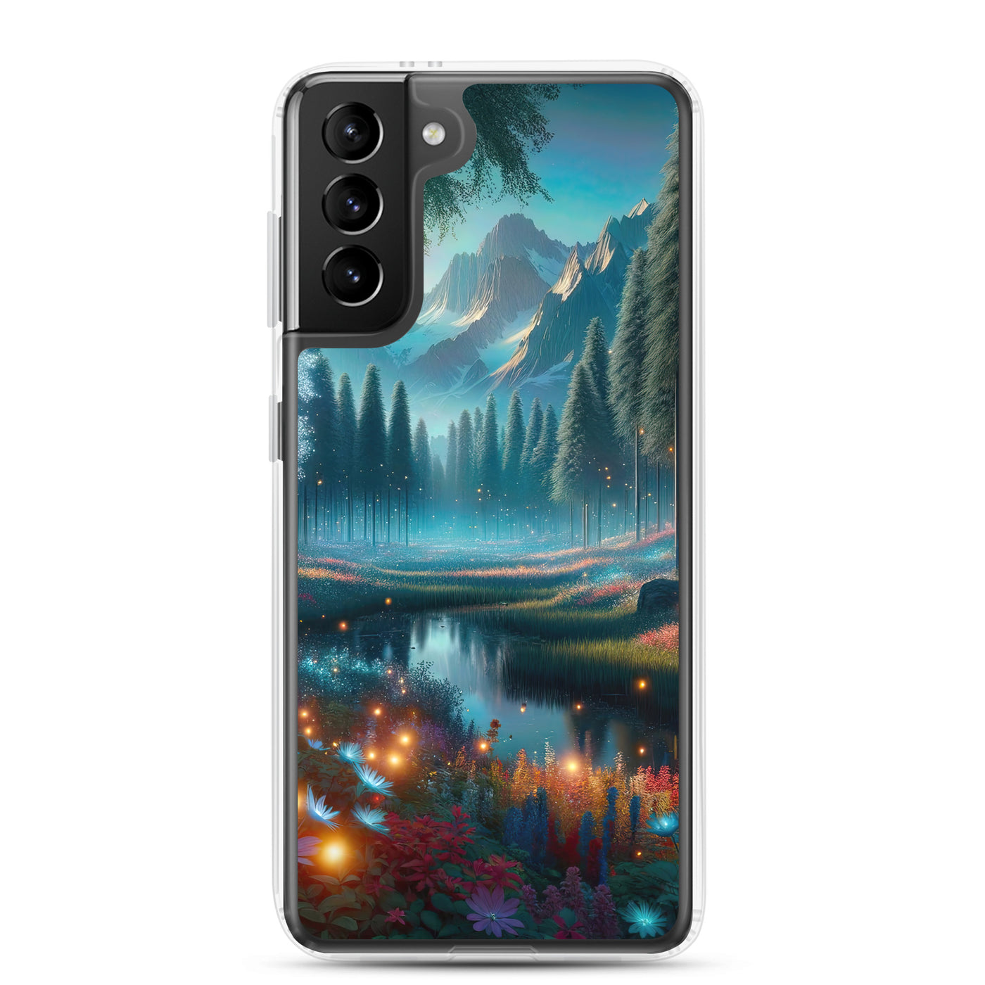 Ätherischer Alpenwald: Digitale Darstellung mit leuchtenden Bäumen und Blumen - Samsung Schutzhülle (durchsichtig) camping xxx yyy zzz Samsung Galaxy S21 Plus