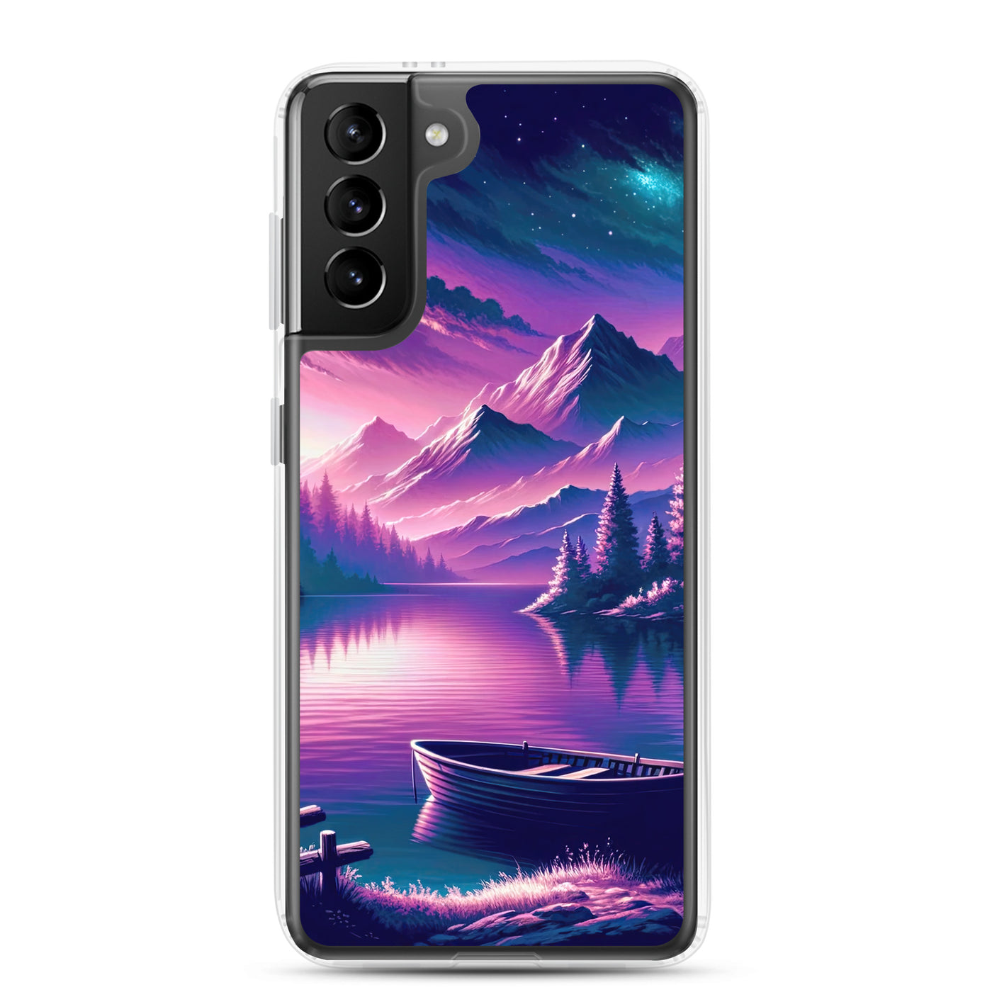 Magische Alpen-Dämmerung, rosa-lila Himmel und Bergsee mit Boot - Samsung Schutzhülle (durchsichtig) berge xxx yyy zzz Samsung Galaxy S21 Plus
