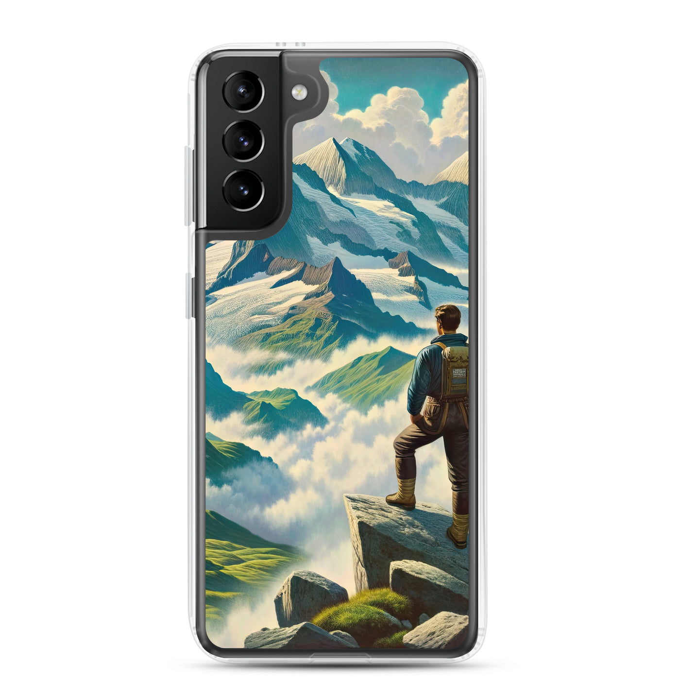 Panoramablick der Alpen mit Wanderer auf einem Hügel und schroffen Gipfeln - Samsung Schutzhülle (durchsichtig) wandern xxx yyy zzz Samsung Galaxy S21 Plus