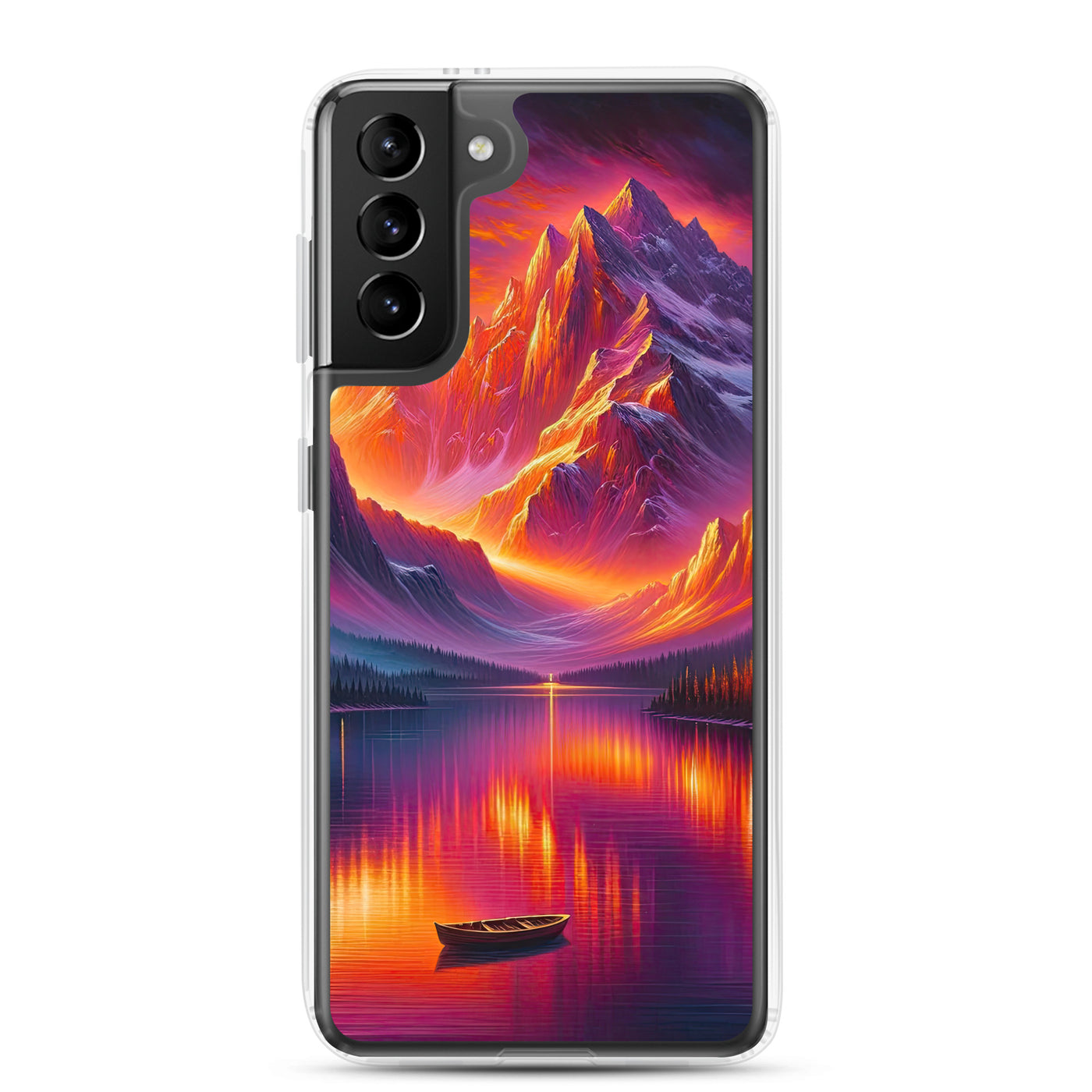 Ölgemälde eines Bootes auf einem Bergsee bei Sonnenuntergang, lebendige Orange-Lila Töne - Samsung Schutzhülle (durchsichtig) berge xxx yyy zzz Samsung Galaxy S21 Plus