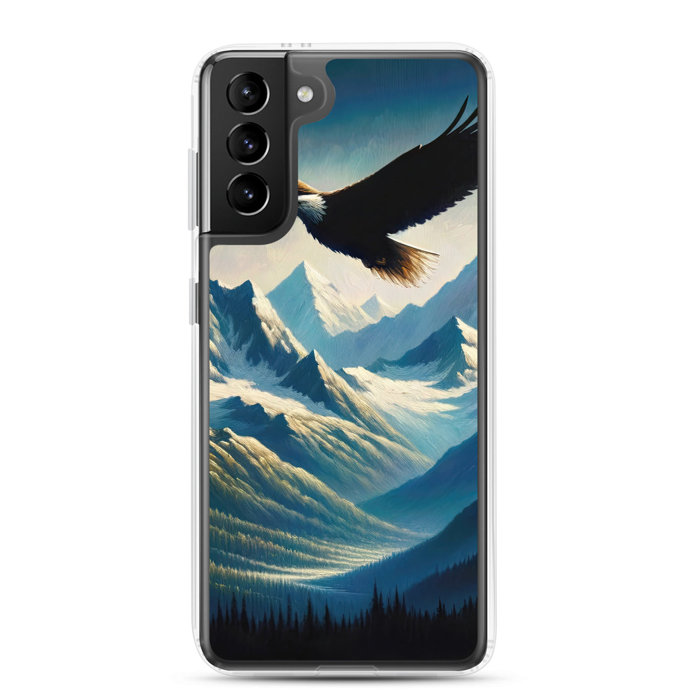 Ölgemälde eines Adlers vor schneebedeckten Bergsilhouetten - Samsung Schutzhülle (durchsichtig) berge xxx yyy zzz Samsung Galaxy S21 Plus