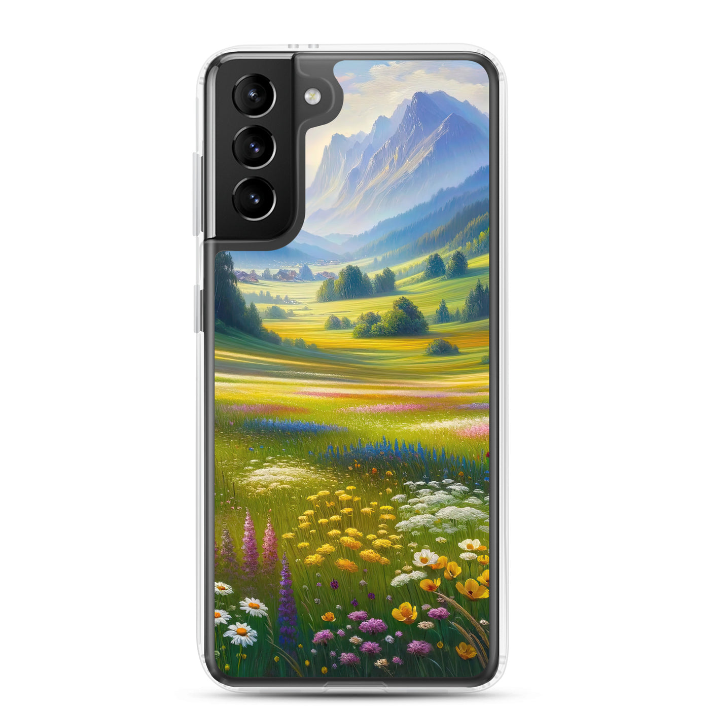 Ölgemälde einer Almwiese, Meer aus Wildblumen in Gelb- und Lilatönen - Samsung Schutzhülle (durchsichtig) berge xxx yyy zzz Samsung Galaxy S21 Plus