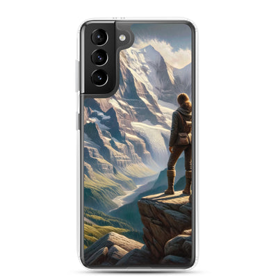 Ölgemälde der Alpengipfel mit Schweizer Abenteurerin auf Felsvorsprung - Samsung Schutzhülle (durchsichtig) wandern xxx yyy zzz Samsung Galaxy S21 Plus