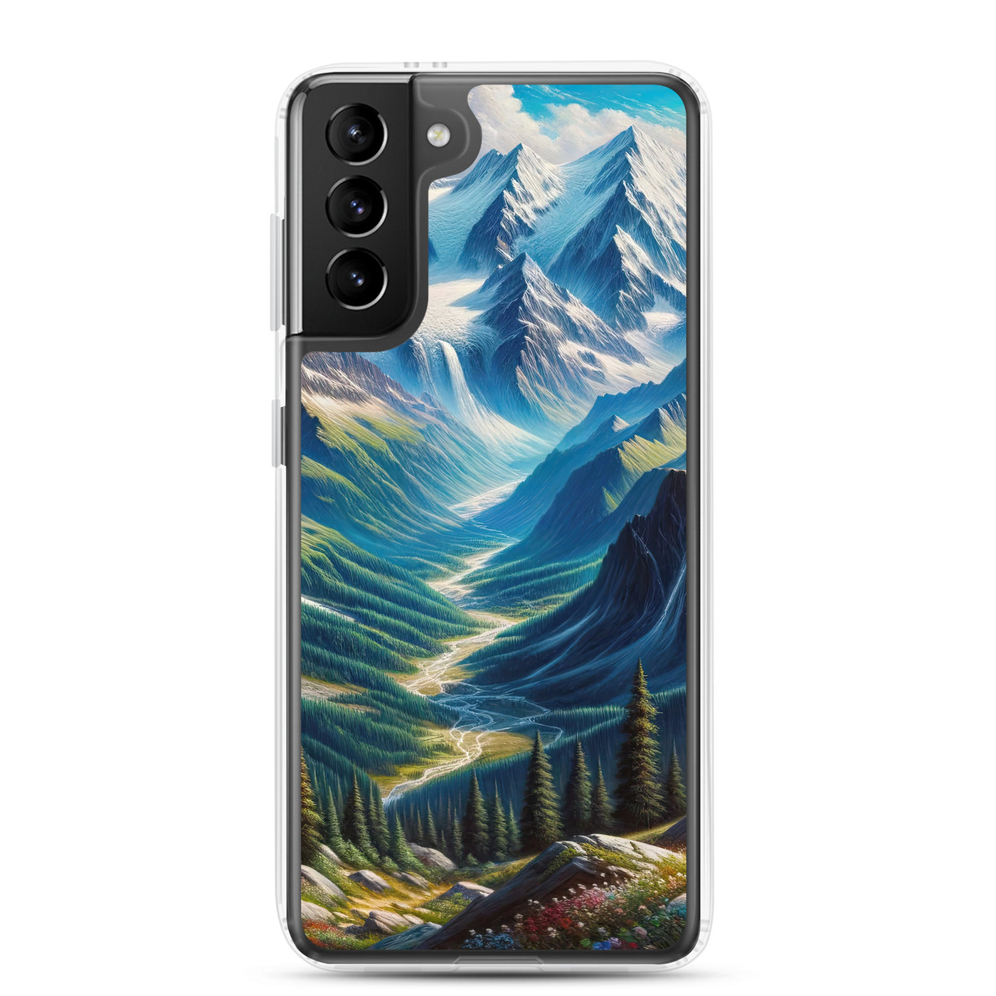 Panorama-Ölgemälde der Alpen mit schneebedeckten Gipfeln und schlängelnden Flusstälern - Samsung Schutzhülle (durchsichtig) berge xxx yyy zzz Samsung Galaxy S21 Plus