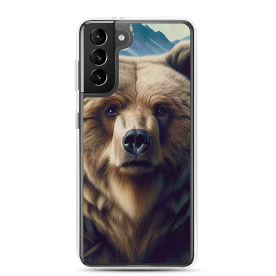 Foto eines Bären vor abstrakt gemalten Alpenbergen, Oberkörper im Fokus - Samsung Schutzhülle (durchsichtig) camping xxx yyy zzz Samsung Galaxy S21 Plus