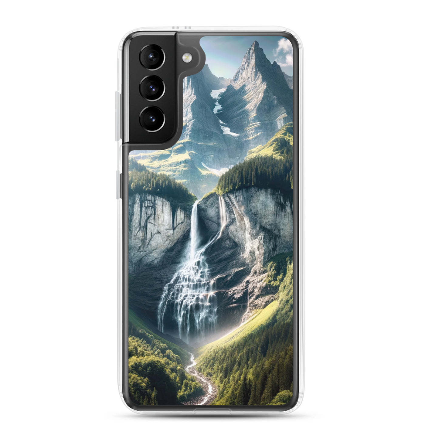 Foto der sommerlichen Alpen mit üppigen Gipfeln und Wasserfall - Samsung Schutzhülle (durchsichtig) berge xxx yyy zzz Samsung Galaxy S21 Plus