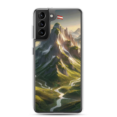 Fotorealistisches Bild der Alpen mit österreichischer Flagge, scharfen Gipfeln und grünen Tälern - Samsung Schutzhülle (durchsichtig) berge xxx yyy zzz Samsung Galaxy S21 Plus