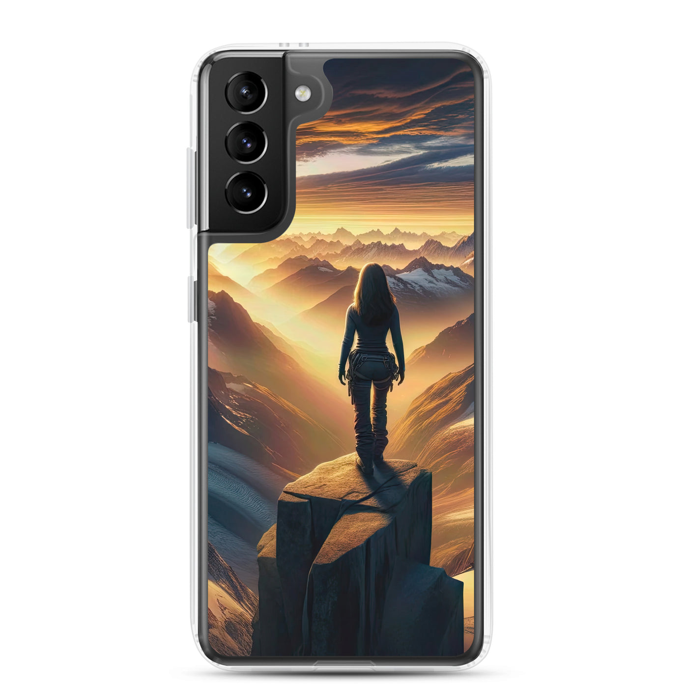 Fotorealistische Darstellung der Alpen bei Sonnenaufgang, Wanderin unter einem gold-purpurnen Himmel - Samsung Schutzhülle (durchsichtig) wandern xxx yyy zzz Samsung Galaxy S21 Plus