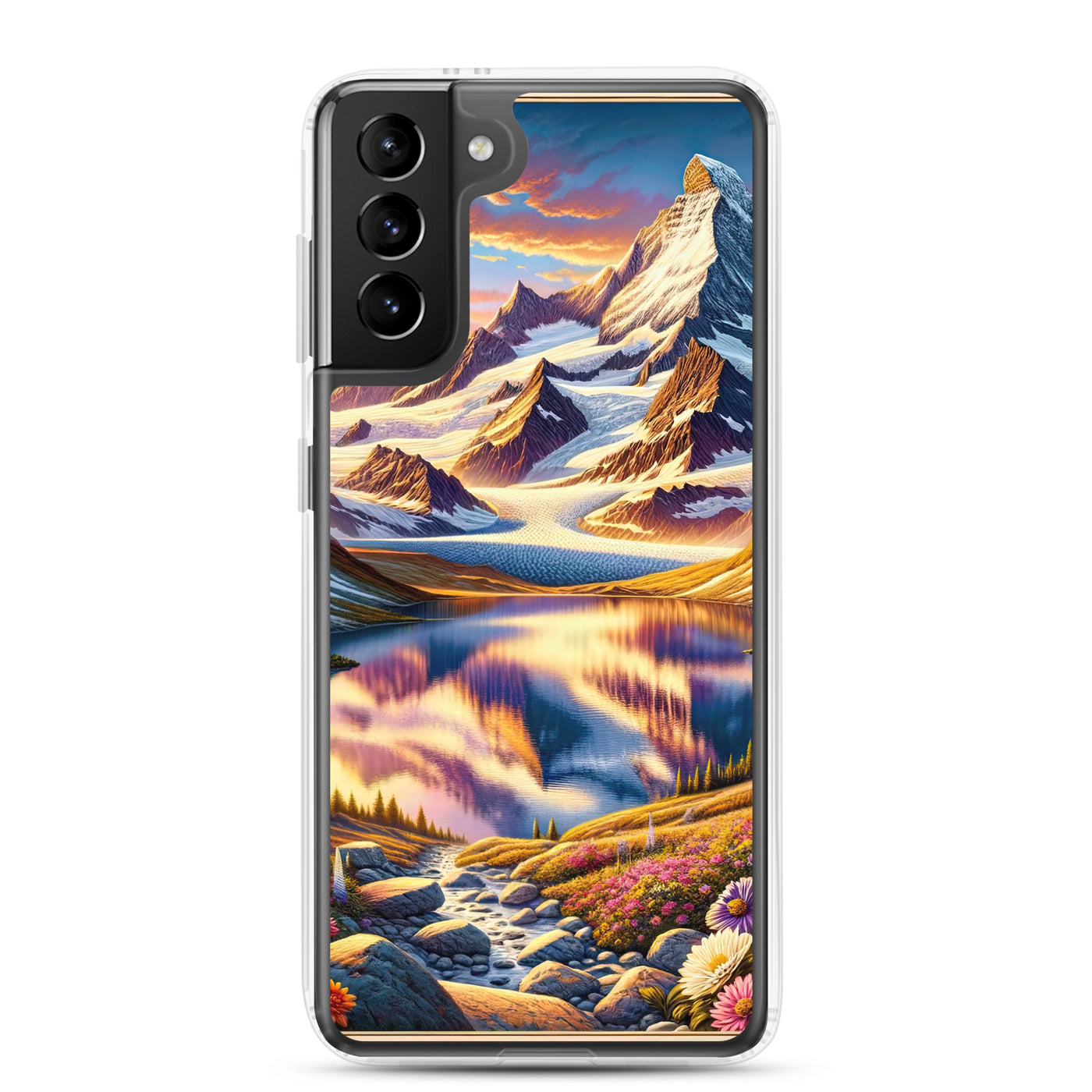 Quadratische Illustration der Alpen mit schneebedeckten Gipfeln und Wildblumen - Samsung Schutzhülle (durchsichtig) berge xxx yyy zzz Samsung Galaxy S21 Plus