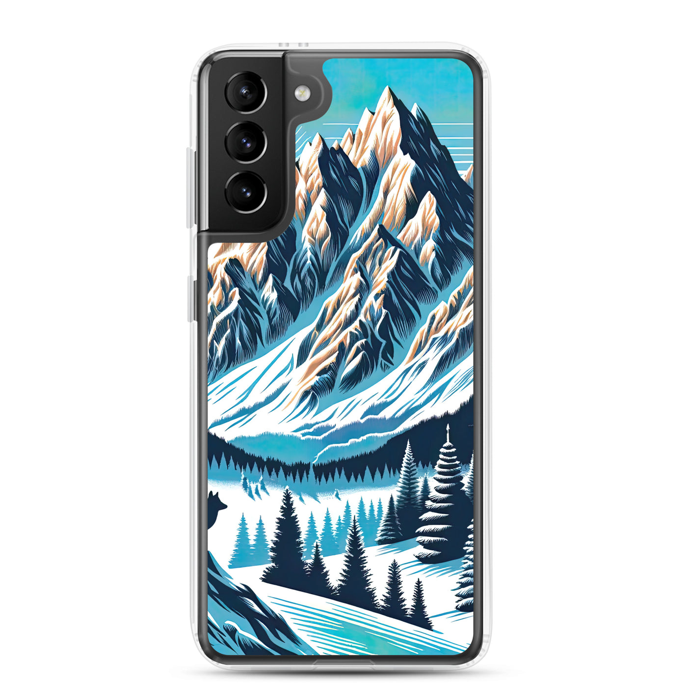Vektorgrafik eines Wolfes im winterlichen Alpenmorgen, Berge mit Schnee- und Felsmustern - Samsung Schutzhülle (durchsichtig) berge xxx yyy zzz Samsung Galaxy S21 Plus
