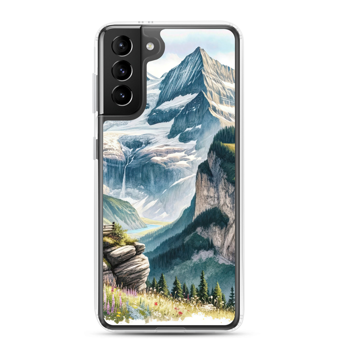 Aquarell-Panoramablick der Alpen mit schneebedeckten Gipfeln, Wasserfällen und Wanderern - Samsung Schutzhülle (durchsichtig) wandern xxx yyy zzz Samsung Galaxy S21 Plus