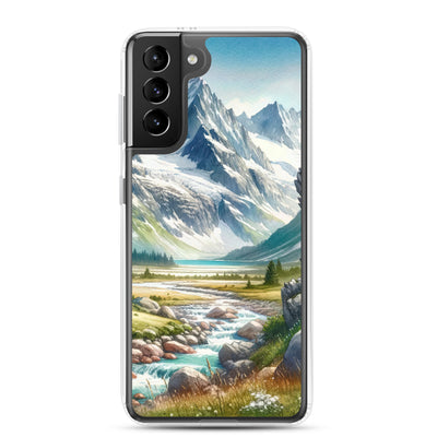 Aquarellmalerei eines Bären und der sommerlichen Alpenschönheit mit schneebedeckten Ketten - Samsung Schutzhülle (durchsichtig) camping xxx yyy zzz Samsung Galaxy S21 Plus