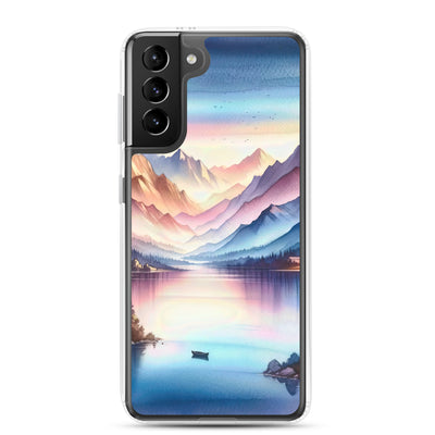 Aquarell einer Dämmerung in den Alpen, Boot auf einem See in Pastell-Licht - Samsung Schutzhülle (durchsichtig) berge xxx yyy zzz Samsung Galaxy S21 Plus