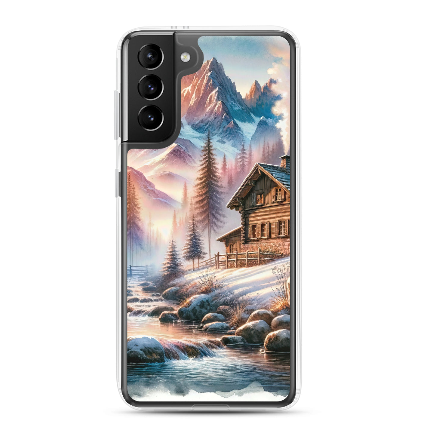 Aquarell einer Alpenszene im Morgengrauen, Haus in den Bergen - Samsung Schutzhülle (durchsichtig) berge xxx yyy zzz Samsung Galaxy S21 Plus