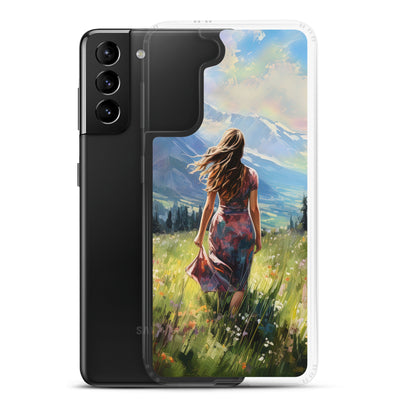 Frau mit langen Kleid im Feld mit Blumen - Berge im Hintergrund - Malerei - Samsung Schutzhülle (durchsichtig) berge xxx