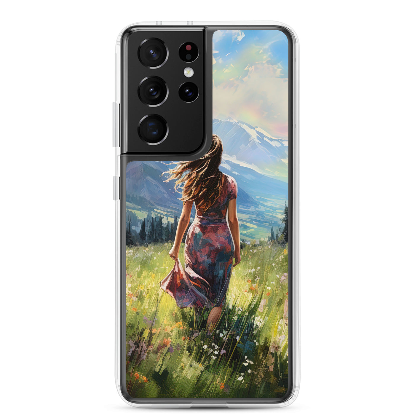 Frau mit langen Kleid im Feld mit Blumen - Berge im Hintergrund - Malerei - Samsung Schutzhülle (durchsichtig) berge xxx Samsung Galaxy S21 Ultra