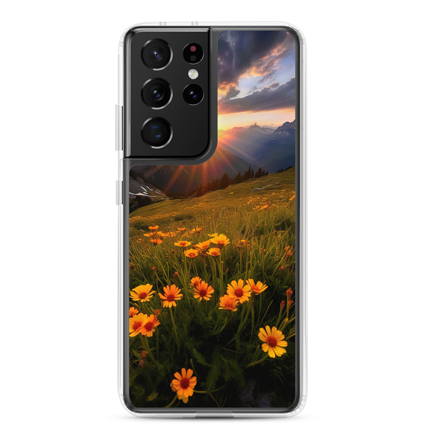 Gebirge, Sonnenblumen und Sonnenaufgang - Samsung Schutzhülle (durchsichtig) berge xxx Samsung Galaxy S21 Ultra