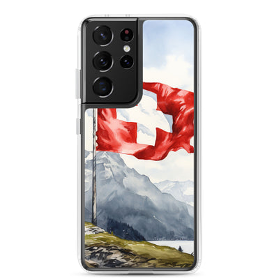 Schweizer Flagge und Berge im Hintergrund - Epische Stimmung - Malerei - Samsung Schutzhülle (durchsichtig) berge xxx Samsung Galaxy S21 Ultra
