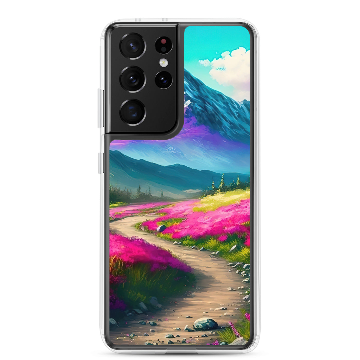 Berg, pinke Blumen und Wanderweg - Landschaftsmalerei - Samsung Schutzhülle (durchsichtig) berge xxx Samsung Galaxy S21 Ultra