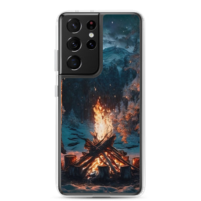 Lagerfeuer beim Camping - Wald mit Schneebedeckten Bäumen - Malerei - Samsung Schutzhülle (durchsichtig) camping xxx Samsung Galaxy S21 Ultra