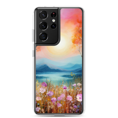 Berge, See, pinke Bäume und Blumen - Malerei - Samsung Schutzhülle (durchsichtig) berge xxx Samsung Galaxy S21 Ultra