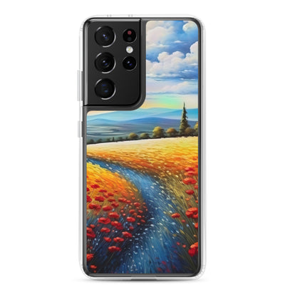 Feld mit roten Blumen und Berglandschaft - Landschaftsmalerei - Samsung Schutzhülle (durchsichtig) berge xxx Samsung Galaxy S21 Ultra