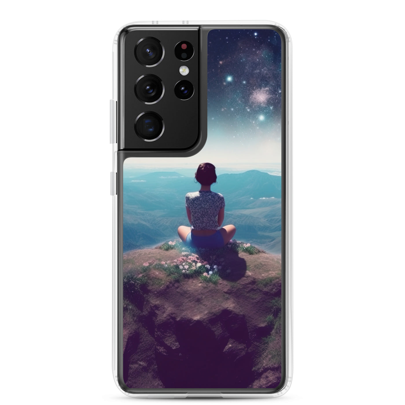 Frau sitzt auf Berg – Cosmos und Sterne im Hintergrund - Landschaftsmalerei - Samsung Schutzhülle (durchsichtig) berge xxx Samsung Galaxy S21 Ultra
