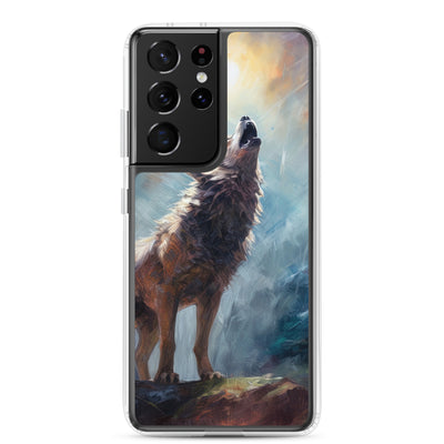 Heulender Wolf auf Berggipfel und Mond im Hintergrund – Abstrakte Malerei - Samsung Schutzhülle (durchsichtig) camping xxx Samsung Galaxy S21 Ultra