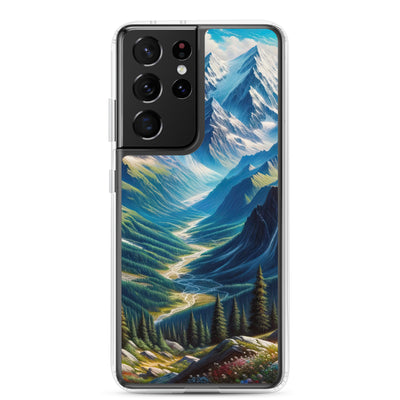 Panorama-Ölgemälde der Alpen mit schneebedeckten Gipfeln und schlängelnden Flusstälern - Samsung Schutzhülle (durchsichtig) berge xxx yyy zzz Samsung Galaxy S21 Ultra