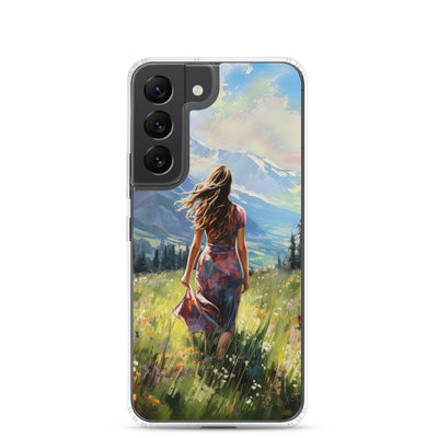Frau mit langen Kleid im Feld mit Blumen - Berge im Hintergrund - Malerei - Samsung Schutzhülle (durchsichtig) berge xxx Samsung Galaxy S22