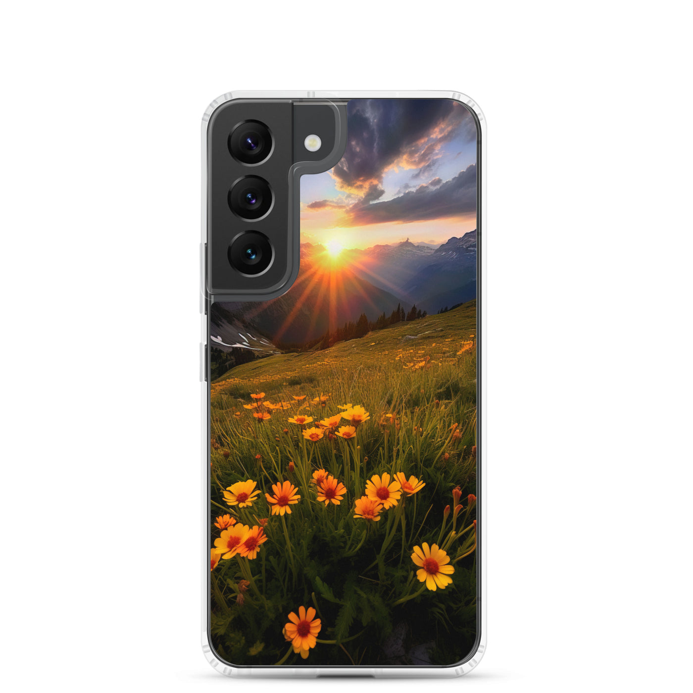 Gebirge, Sonnenblumen und Sonnenaufgang - Samsung Schutzhülle (durchsichtig) berge xxx Samsung Galaxy S22