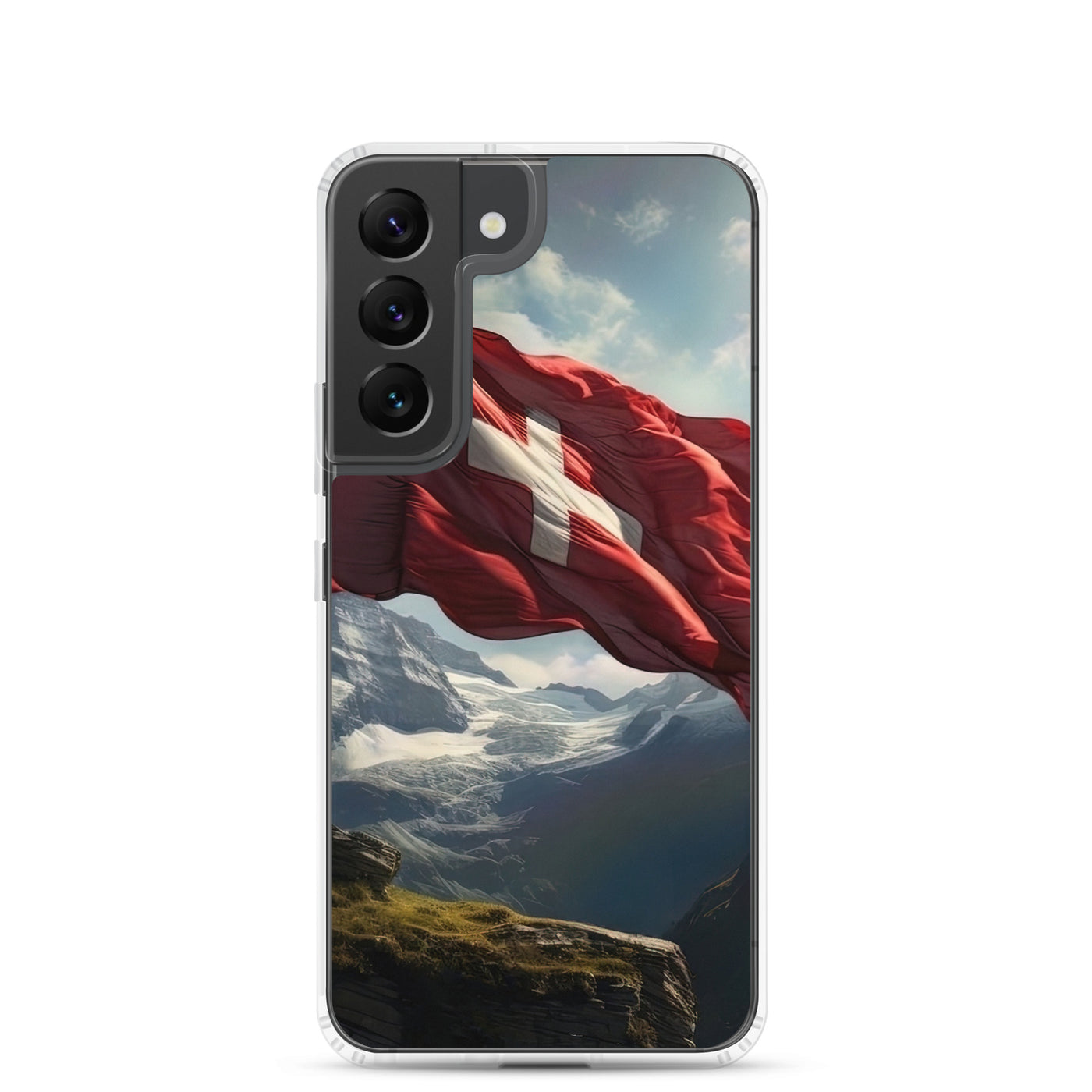 Schweizer Flagge und Berge im Hintergrund - Fotorealistische Malerei - Samsung Schutzhülle (durchsichtig) berge xxx Samsung Galaxy S22