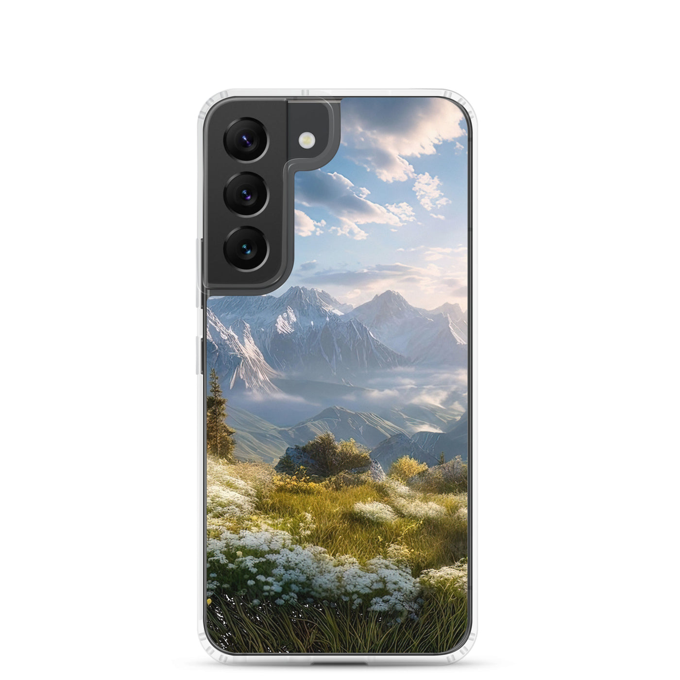 Berglandschaft mit Sonnenschein, Blumen und Bäumen - Malerei - Samsung Schutzhülle (durchsichtig) berge xxx Samsung Galaxy S22
