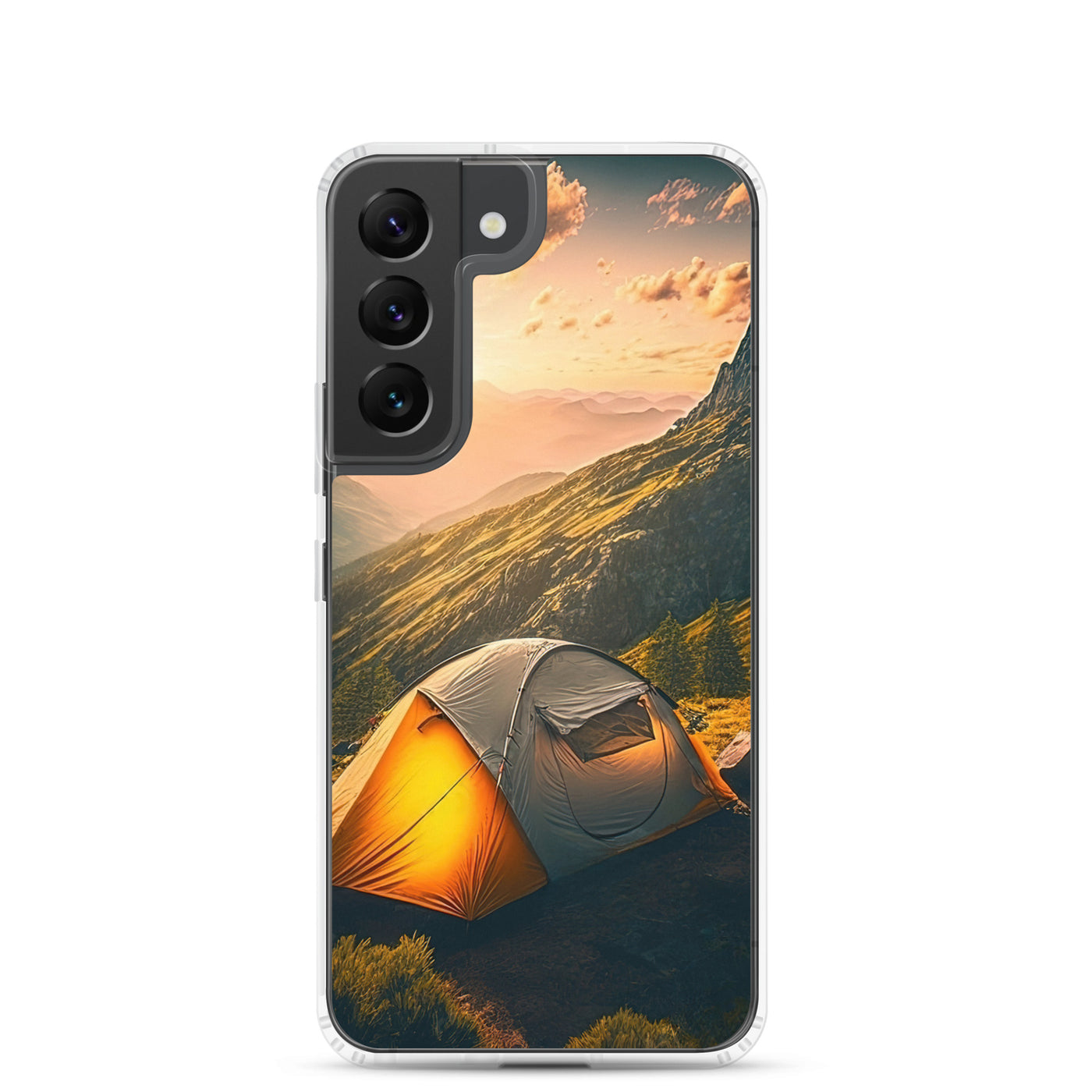 Zelt auf Berg im Sonnenaufgang - Landschafts - Samsung Schutzhülle (durchsichtig) camping xxx Samsung Galaxy S22