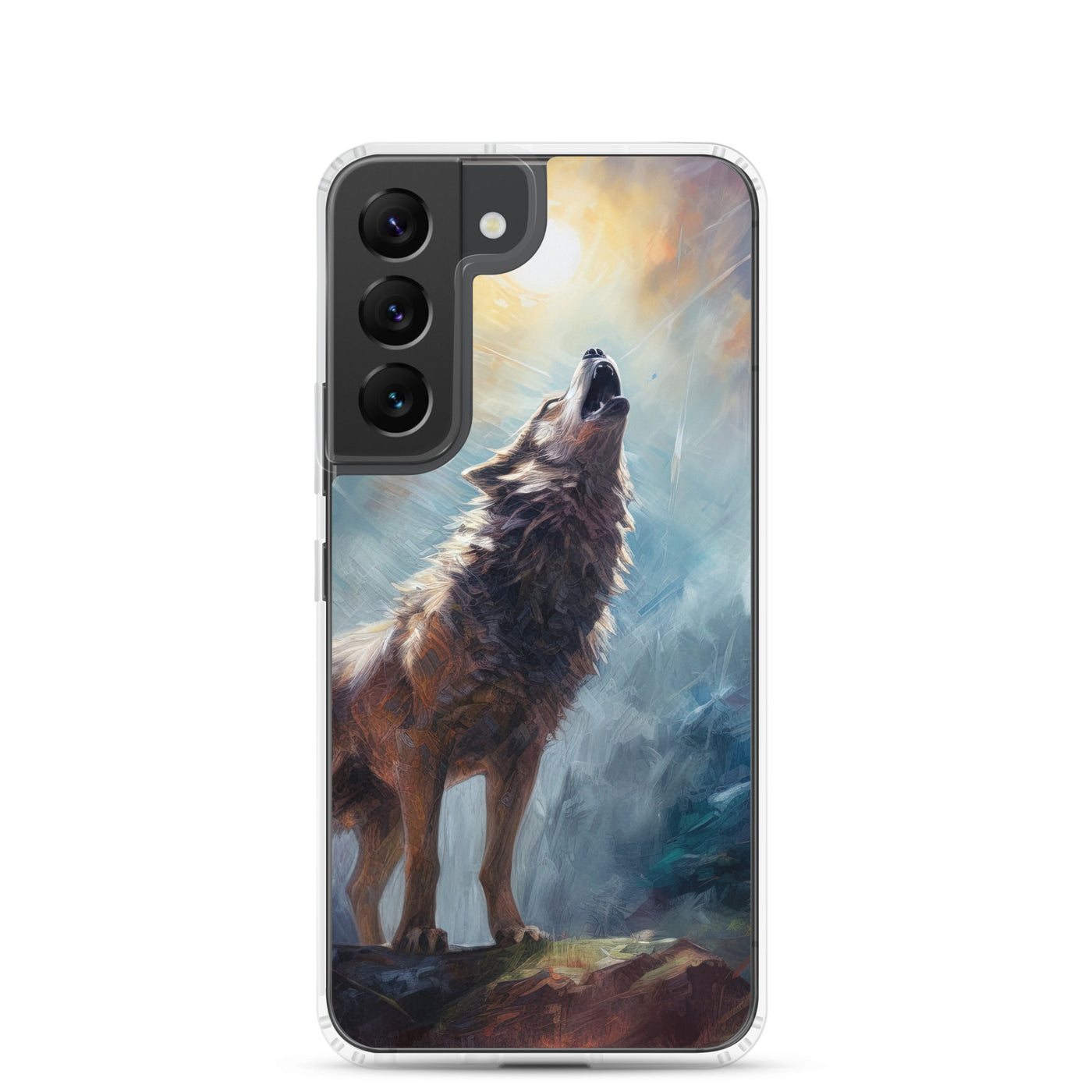 Heulender Wolf auf Berggipfel und Mond im Hintergrund – Abstrakte Malerei - Samsung Schutzhülle (durchsichtig) camping xxx Samsung Galaxy S22