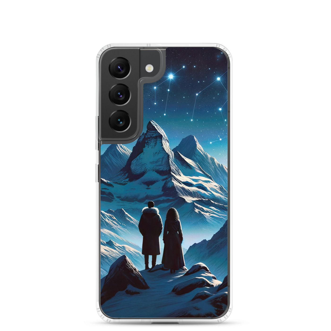 Alpenwinternacht: Digitale Kunst mit Wanderern in Bergen und Sternenhimmel - Samsung Schutzhülle (durchsichtig) wandern xxx yyy zzz Samsung Galaxy S22