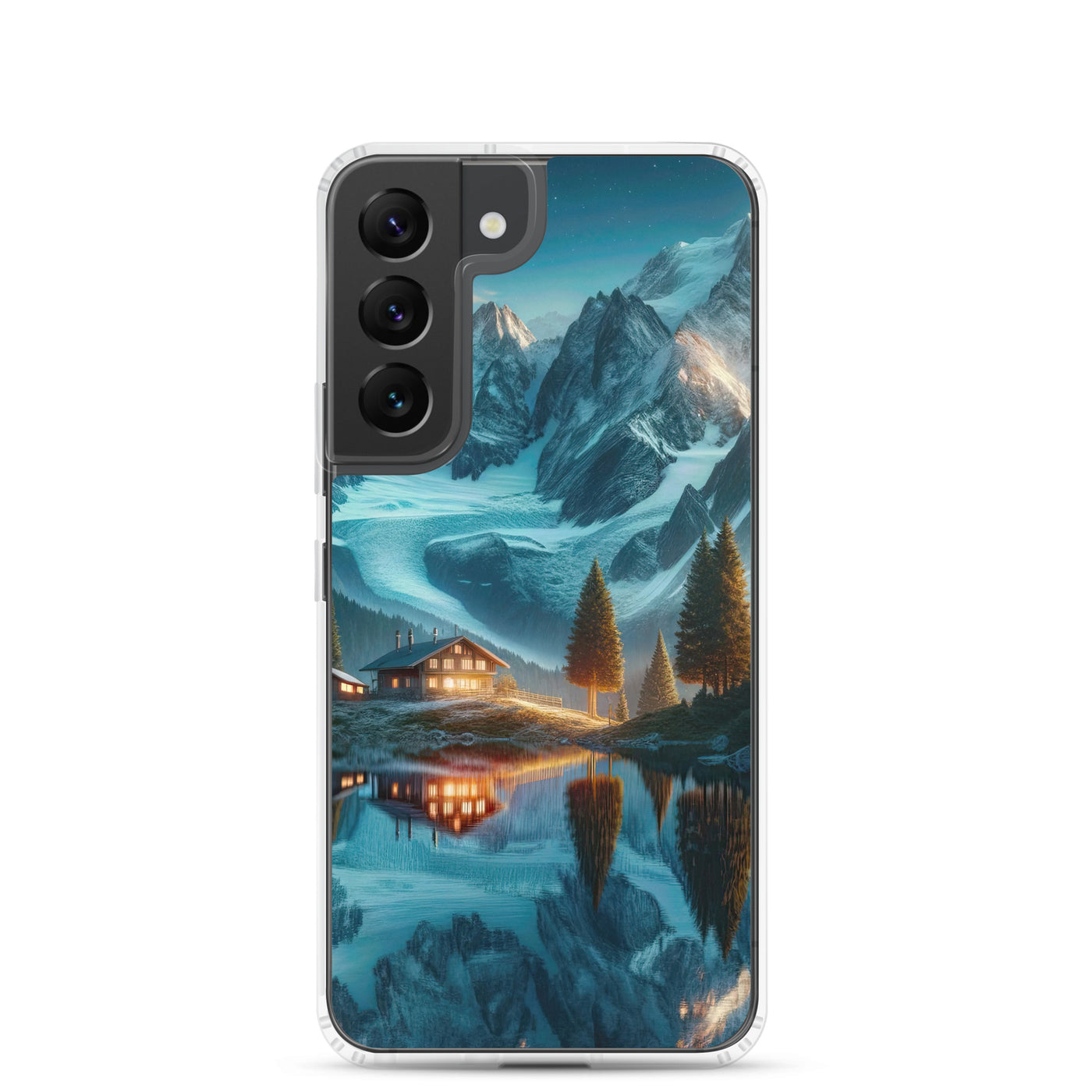Stille Alpenmajestätik: Digitale Kunst mit Schnee und Bergsee-Spiegelung - Samsung Schutzhülle (durchsichtig) berge xxx yyy zzz Samsung Galaxy S22